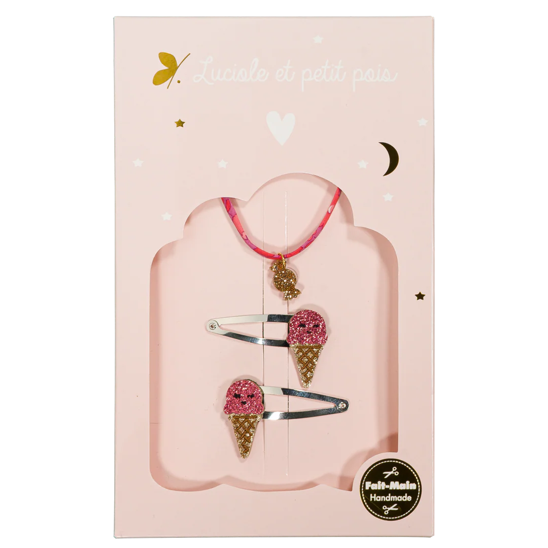 Coffret Candy Kiss - Barrettes Ice cream framboise & bracelet Candy Kiss (bonbon)– Luciole et Petit Pois