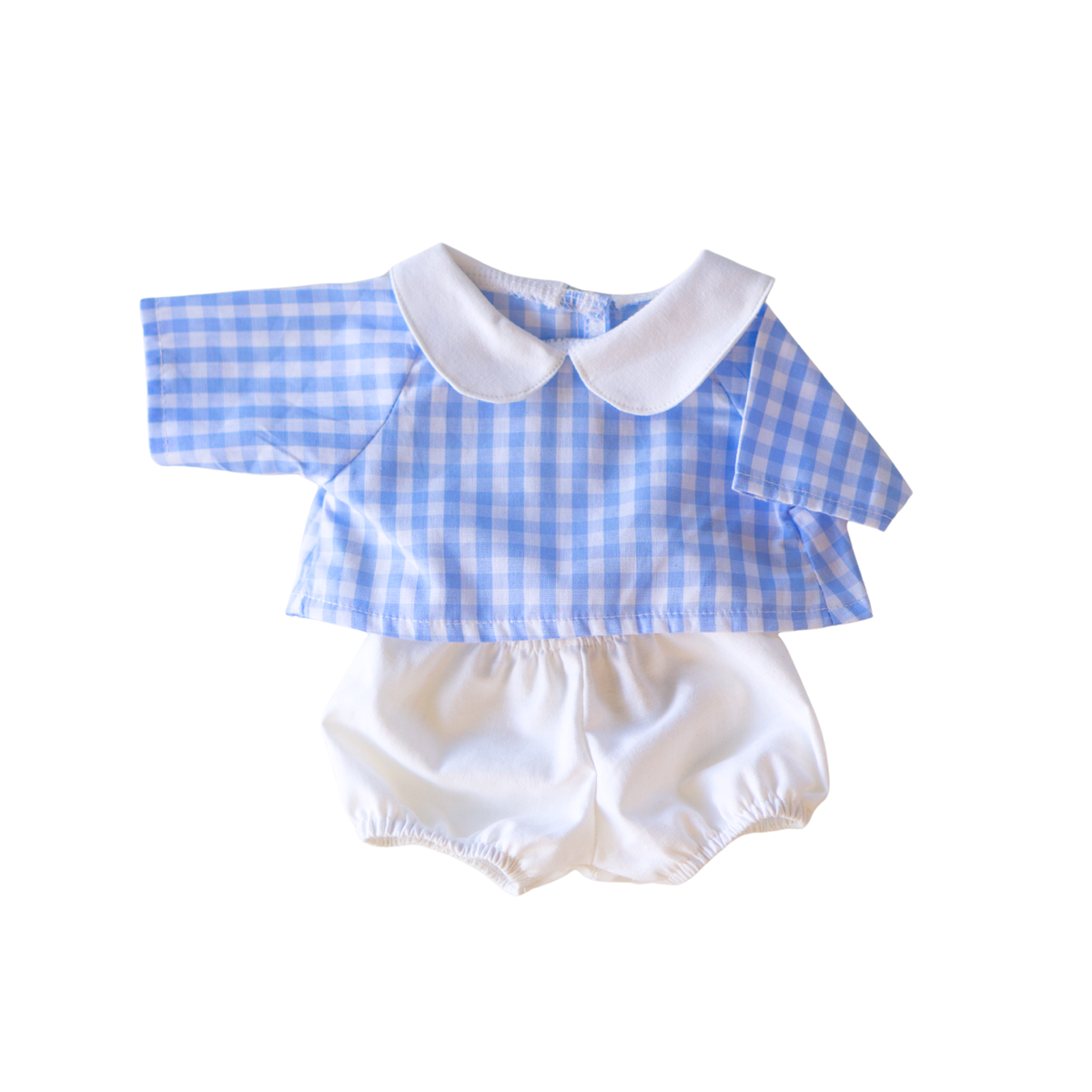 Vêtement poupée - Ensemble blouse vichy bleu à col + bloomer