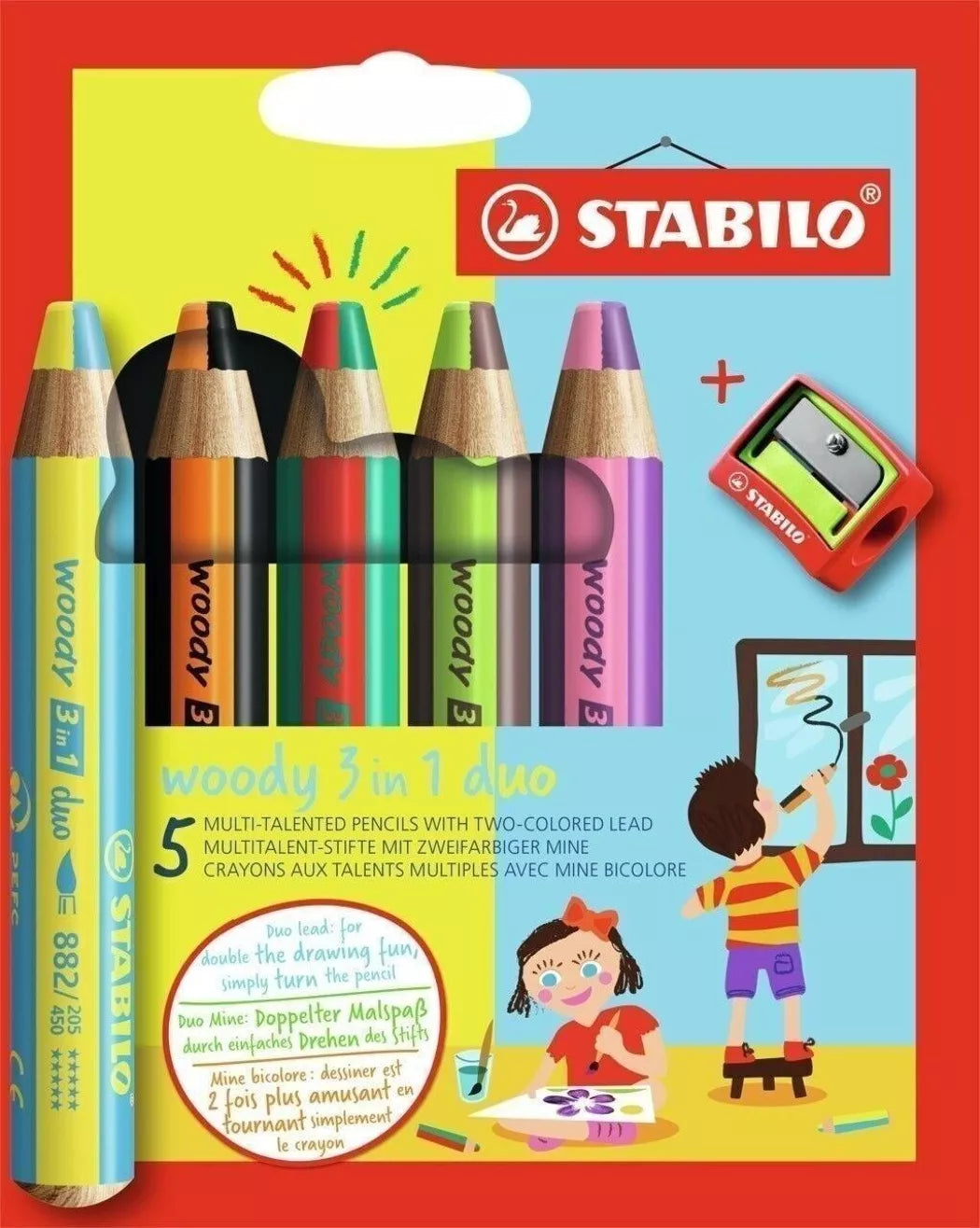 Etui carton x 5 crayons multi-talents STABILO woody 3 in 1 duo + 1 taille-crayon