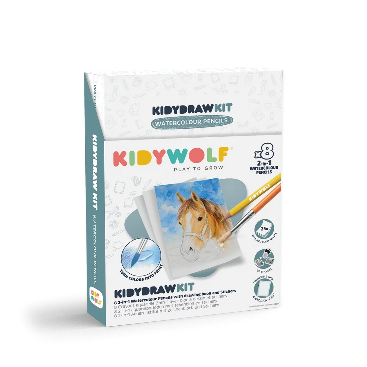 KIDYDRAW-PAD KIT – Crayons aquarelle et stickers – Kidywolf
