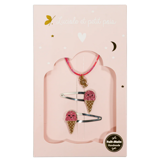 Coffret Candy Kiss - Barrettes Ice cream framboise & bracelet Candy Kiss (bonbon)– Luciole et Petit Pois