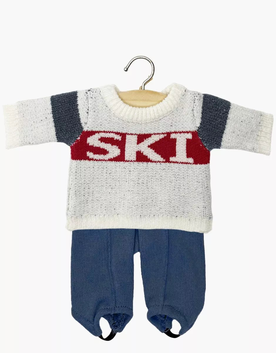 Ensemble pull "SKI" en tricot rouge / bleu et fuseau Popeye en jersey chiné bleu denim -  Minikane