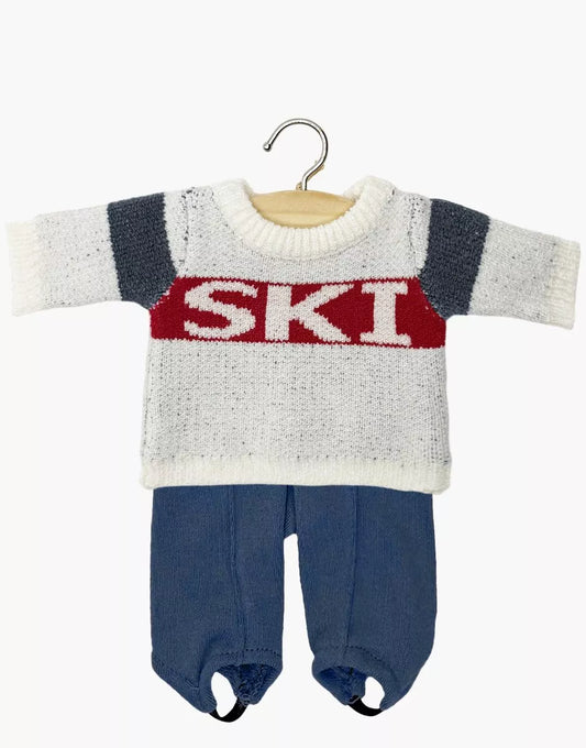 Ensemble pull "SKI" en tricot rouge / bleu et fuseau Popeye en jersey chiné bleu denim -  Minikane