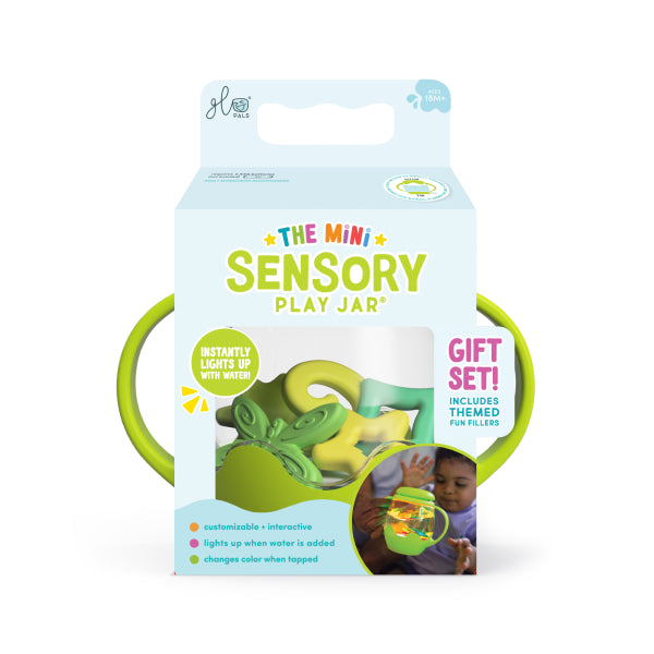 Mini jarre sensorielle verte avec 5 formes en silicone – Glo Pals