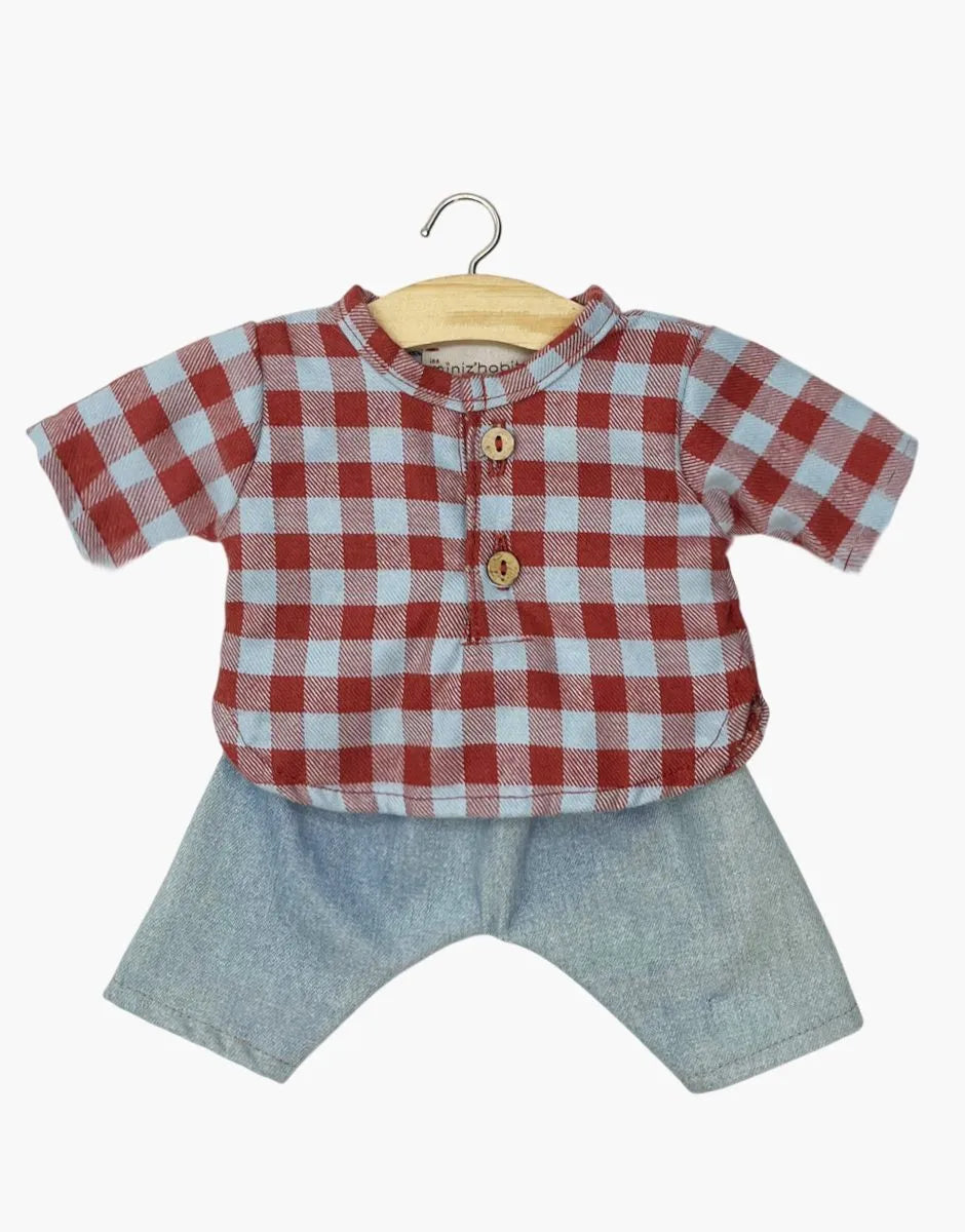 Ensemble Marien en Vichy flanelle fauve /  givre brique et jean bleu clair -  Minikane