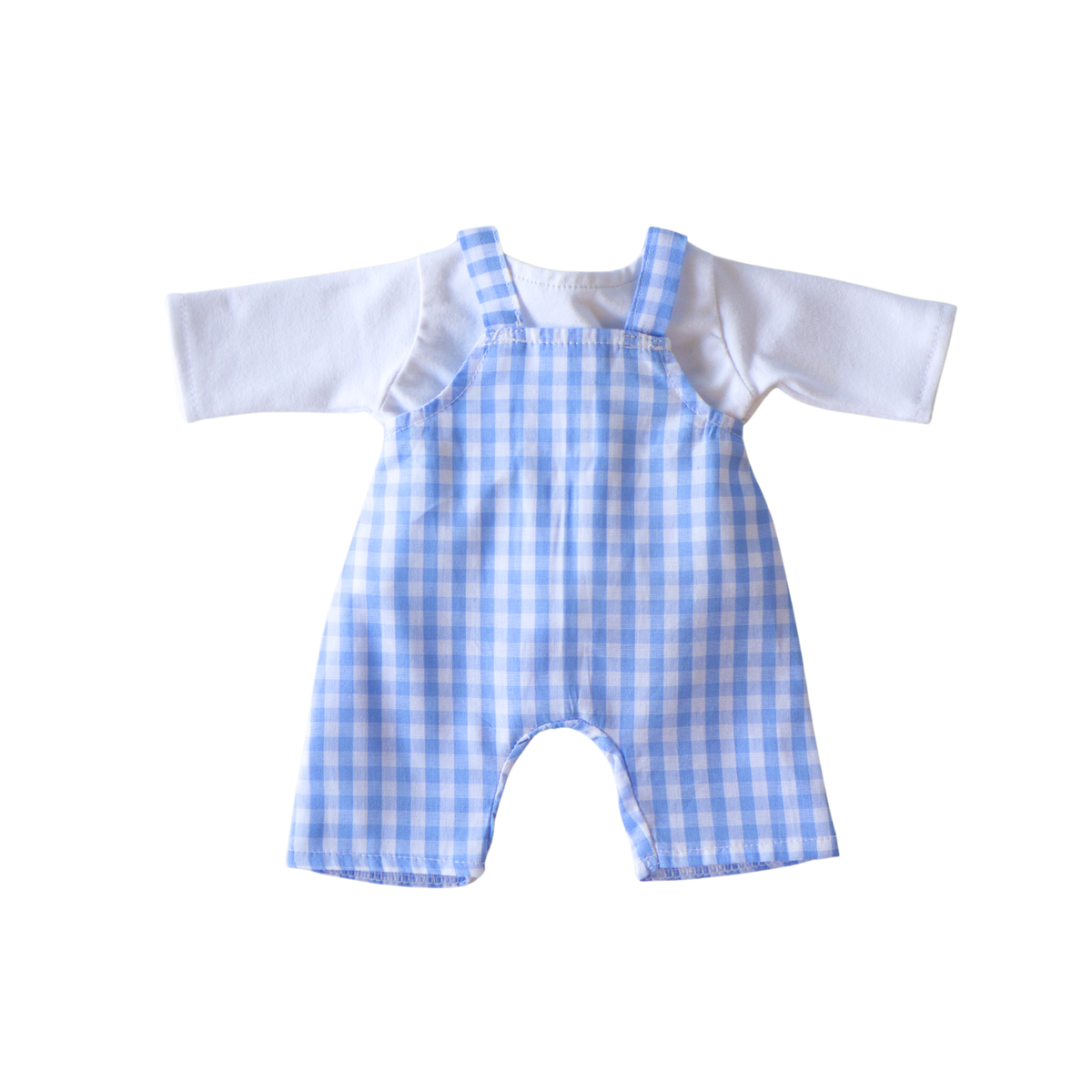 Vêtement poupée - Salopette vichy bleue + T-Shirt jersey blanc