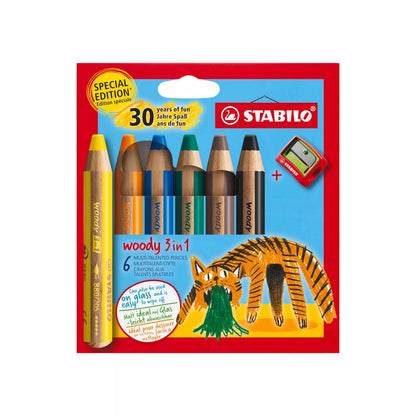 Etui carton x 6 crayons multi-talents STABILO woody 3 in 1 Edition "30 ans de fun" - Tigre + 1 taille-crayon